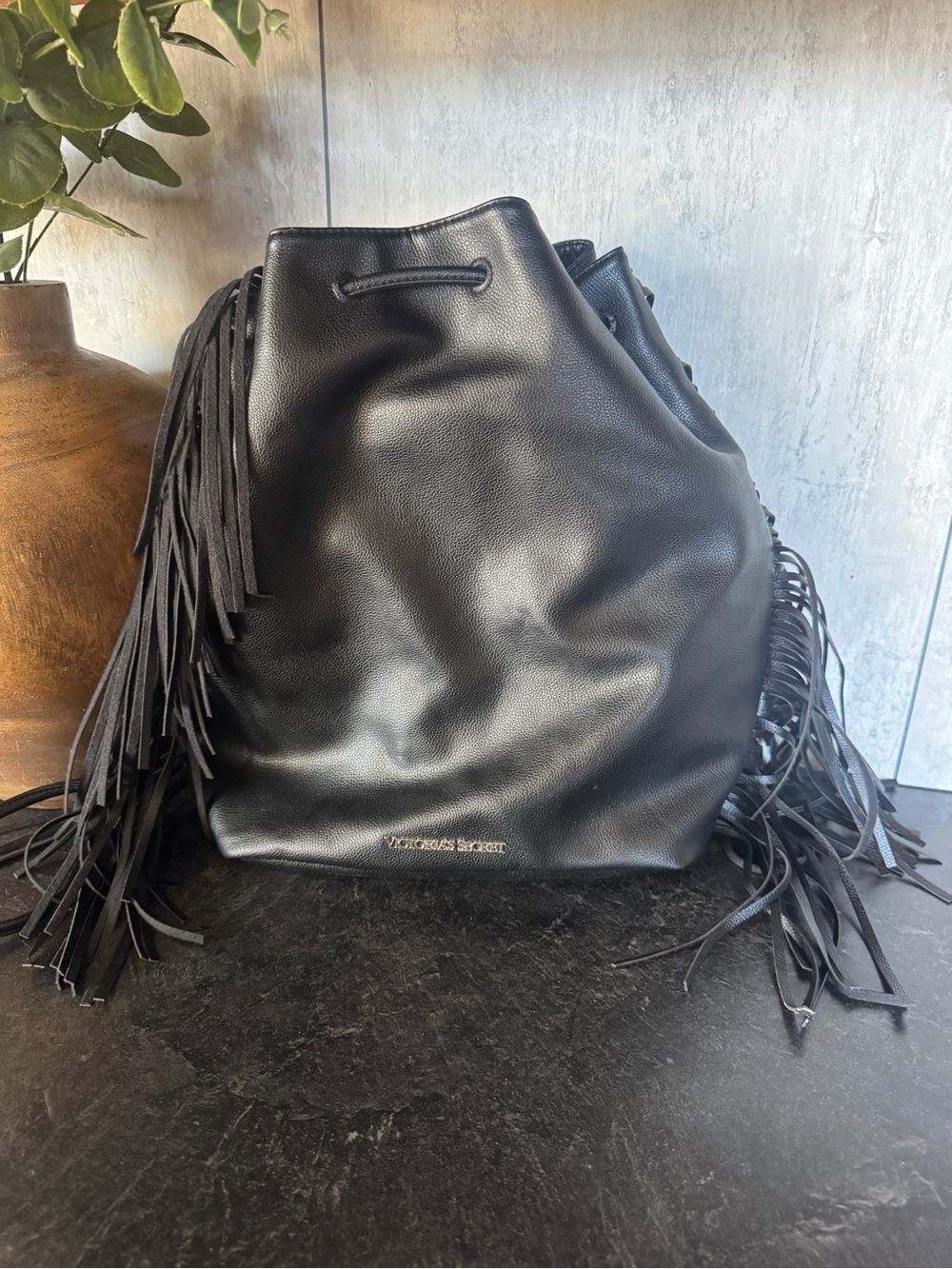 Victoria's Secret | Black Fringe Drawstring Bucket Backpack